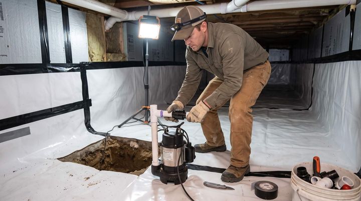 Man preparing to install a sump pump in a crawl space
