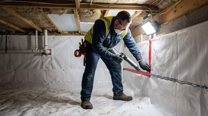 Man sealing with a caulk gun in a crawl space