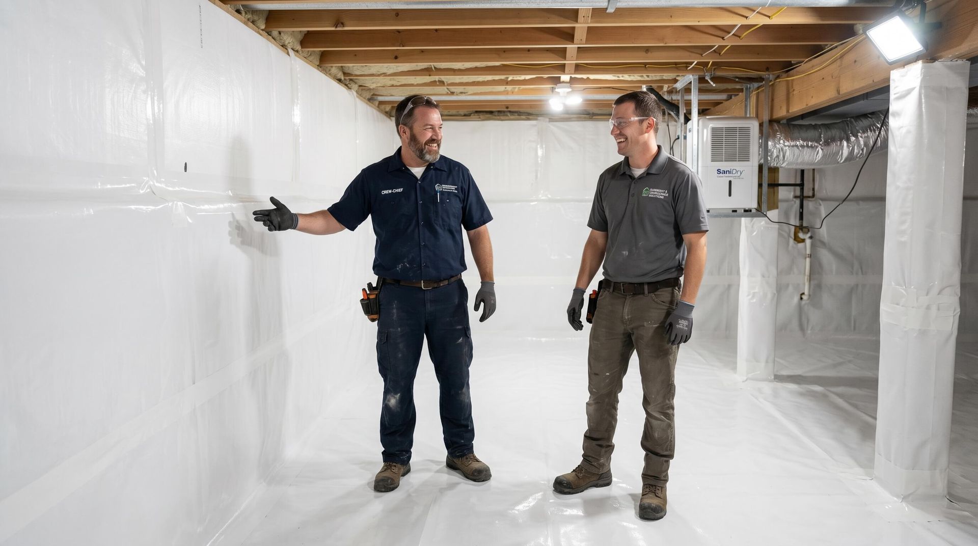2 men admiring the repair and insulation work they competed in a crawl space