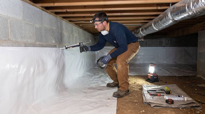 Man applying moisture control technique to a wall in a crawl space