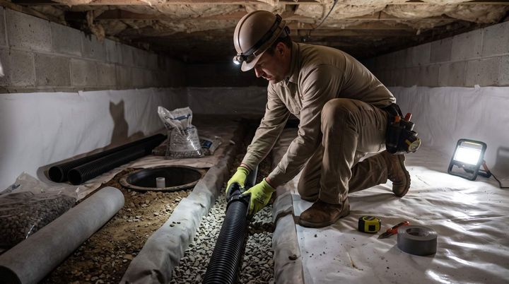Man laying down a drainage sytsem in a crawl space