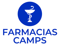 El logotipo de Farmacias Camps es un círculo azul con una serpiente en una taza.