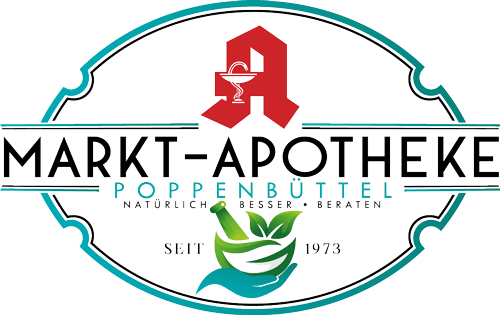 Ein Logo für eine Apotheke mit einem Mörser und Stößel darauf.
