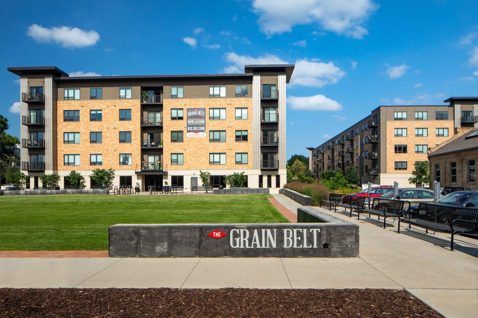 Apartment buildings in a park setting,