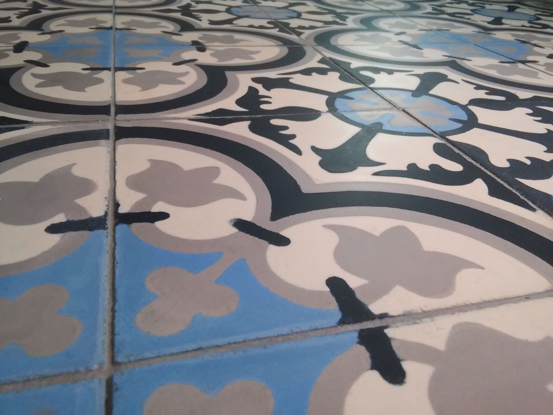 Decorative floor tiles with blue, gray, and black floral patterns.
