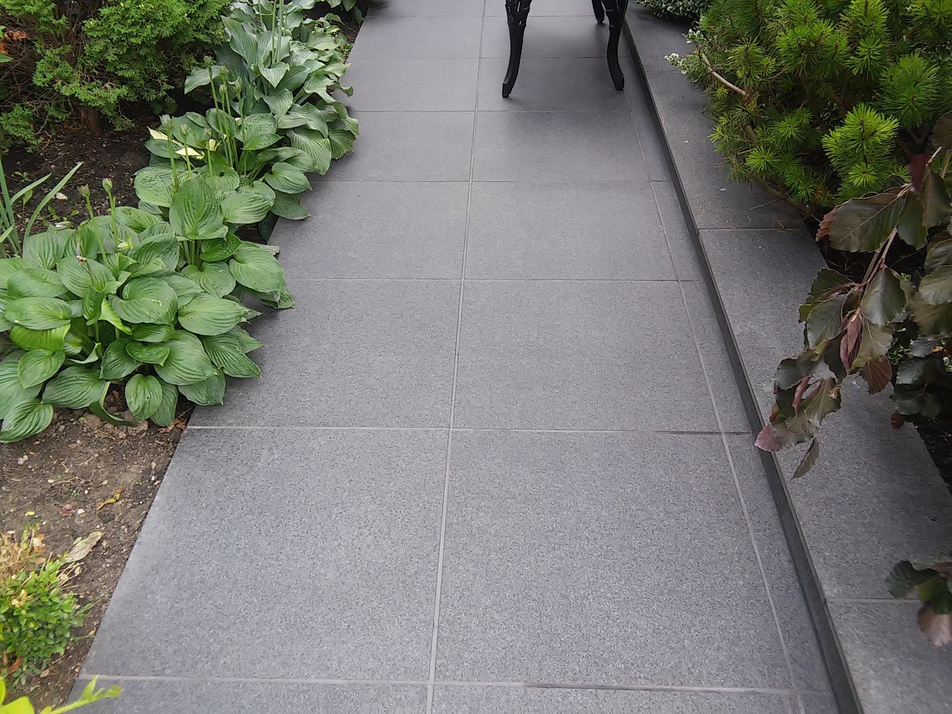 A gray sidewalk bordered by green plants, with a person walking ahead.