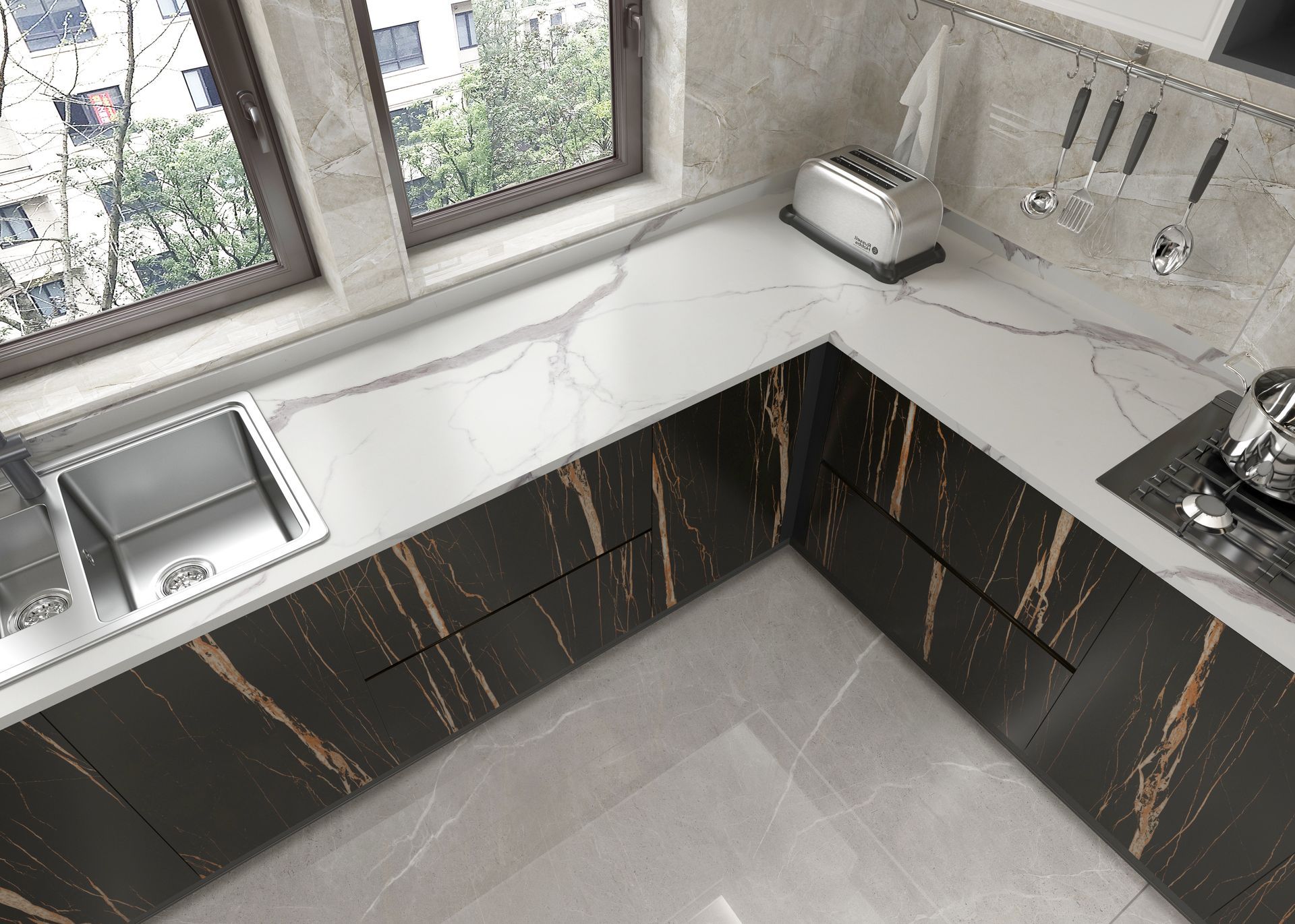 An aerial view of a kitchen with a sink , stove , and window.