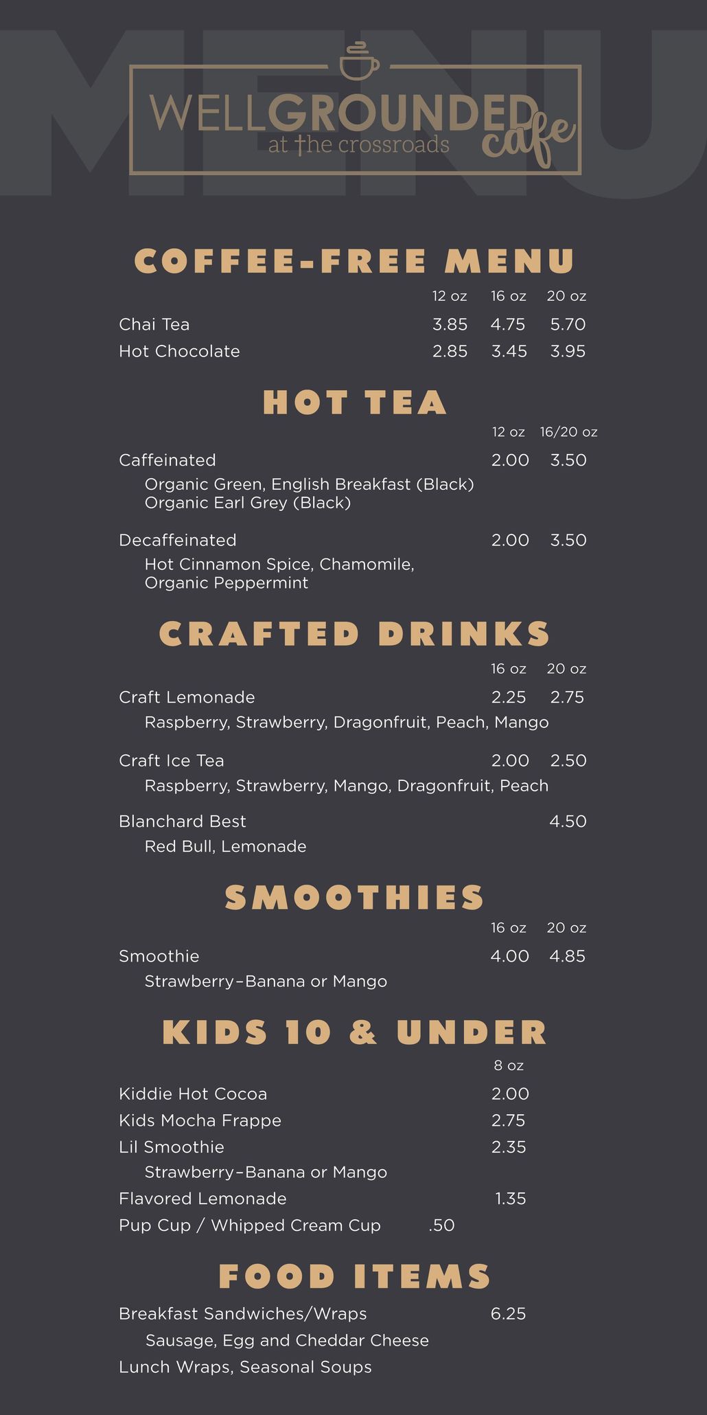 Well Grounded Cafe Menu