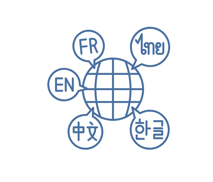 Globe with speech bubbles representing English (EN), French (FR), Thai, Chinese, and Korean.