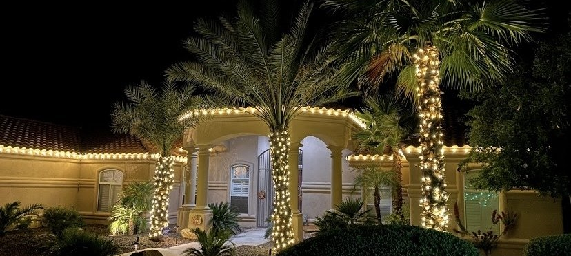 Palm-lined house entrance at night, lit with warm string lights and a bright porch