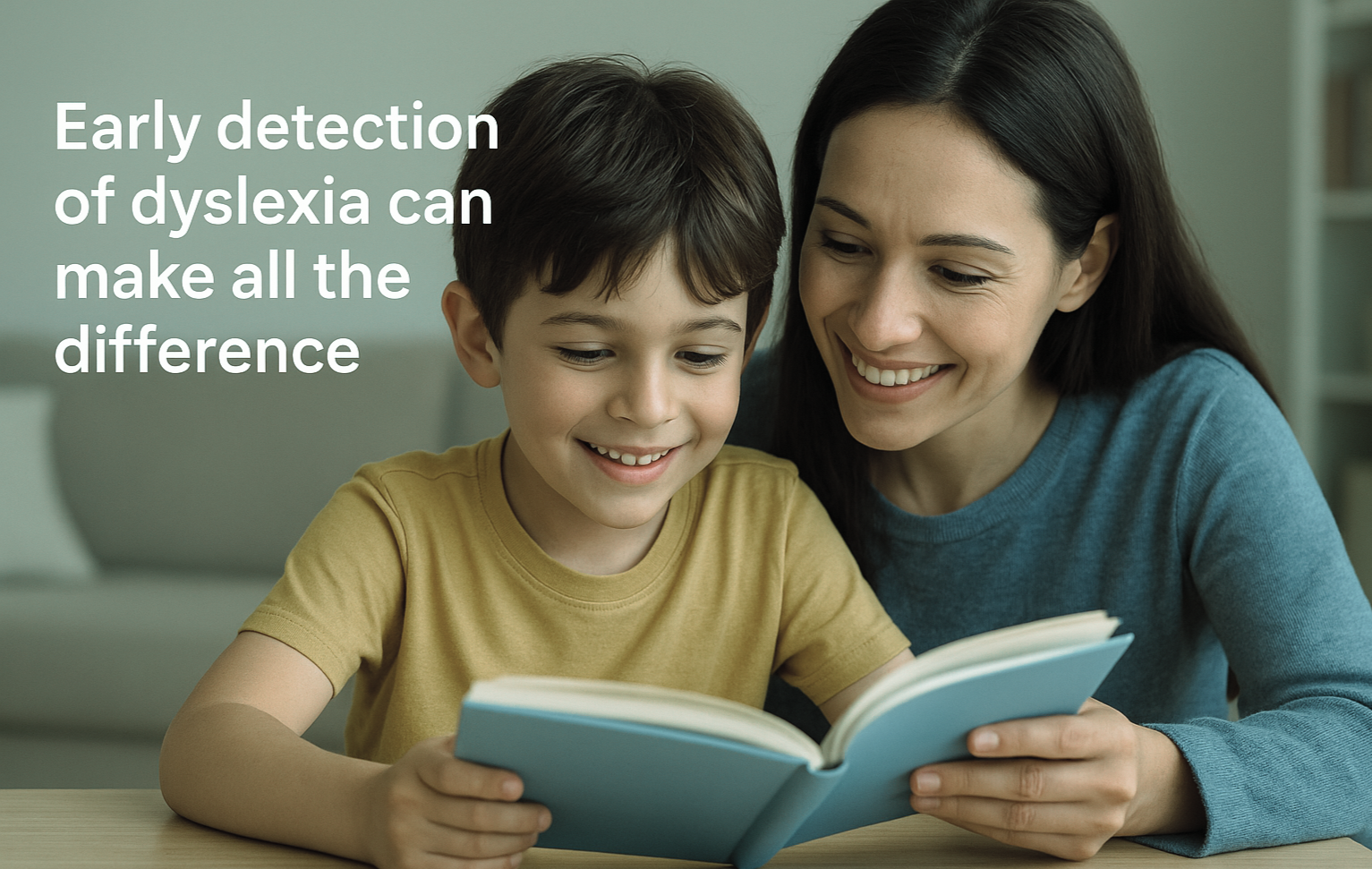 Smiling child reading a book with a parent or tutor.