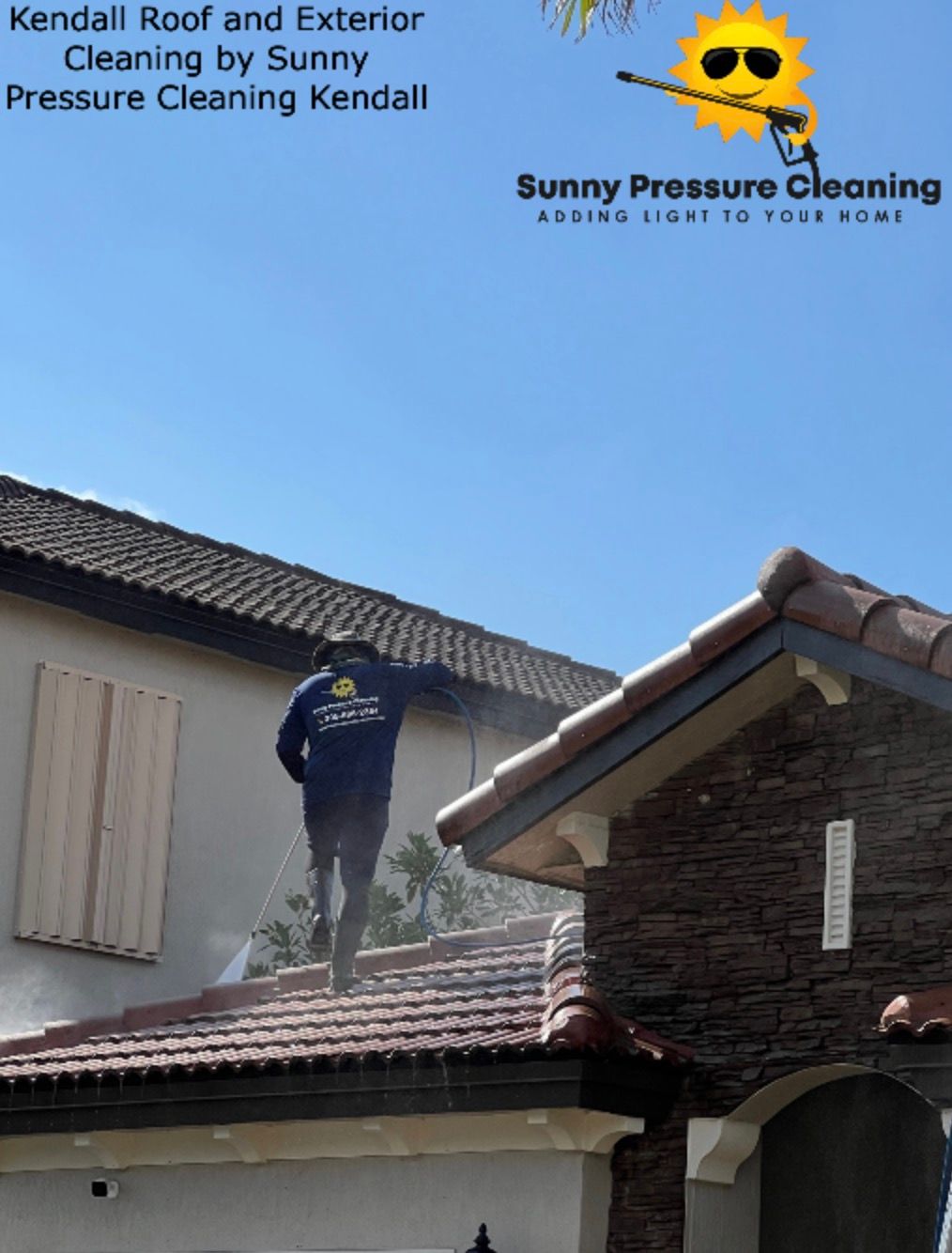 A roof cleaning service on a tile roof in Kendall Lakes Florida by Sunny Pressure Cleaning Kendall