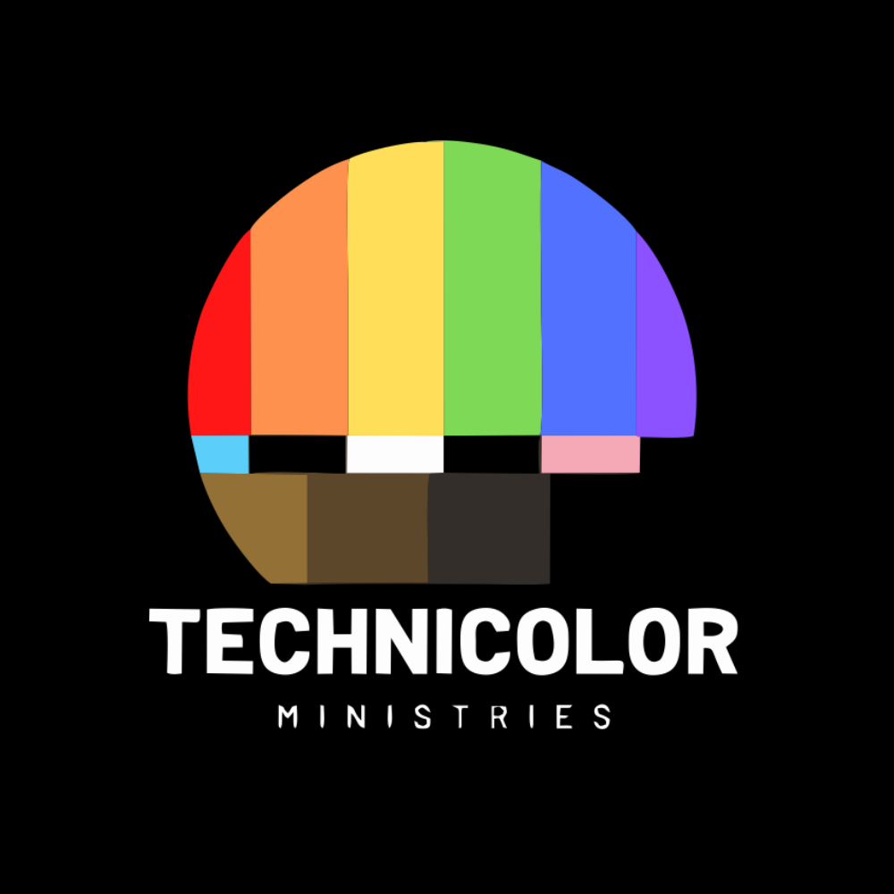 an image of the Technicolor Ministries logo - a circle on a black background with television testing bars in the circle depicting a full rainbow, trans pride colors, and an inclusive array of skintones - the text 