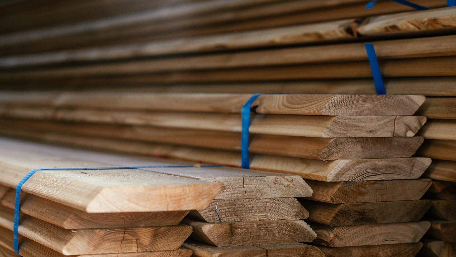 Stacks of cut lumber planks bundled with blue straps in a wood yard.