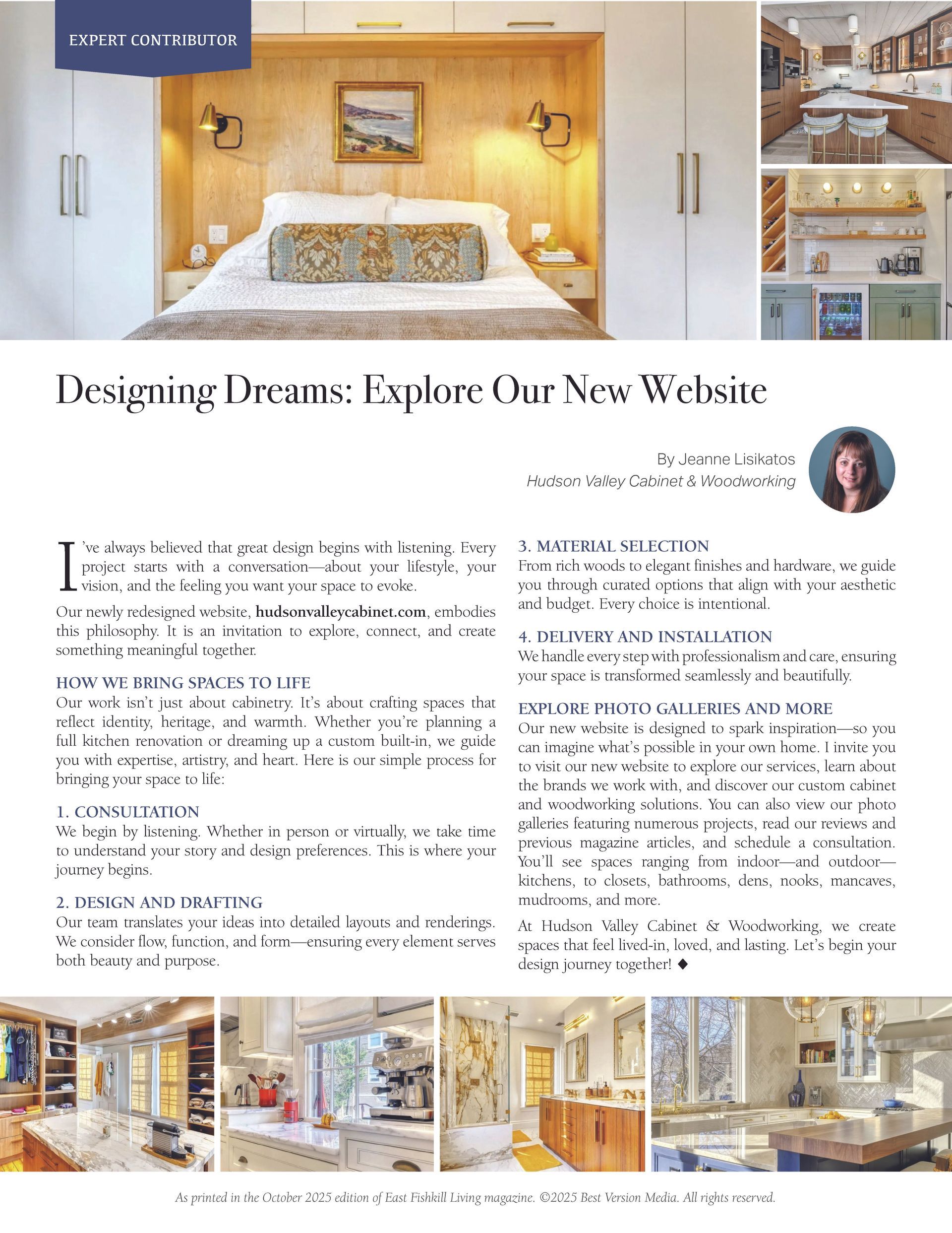 Bedroom interior with built-in cabinetry, artwork, and overhead lighting. Website promotion with photos.