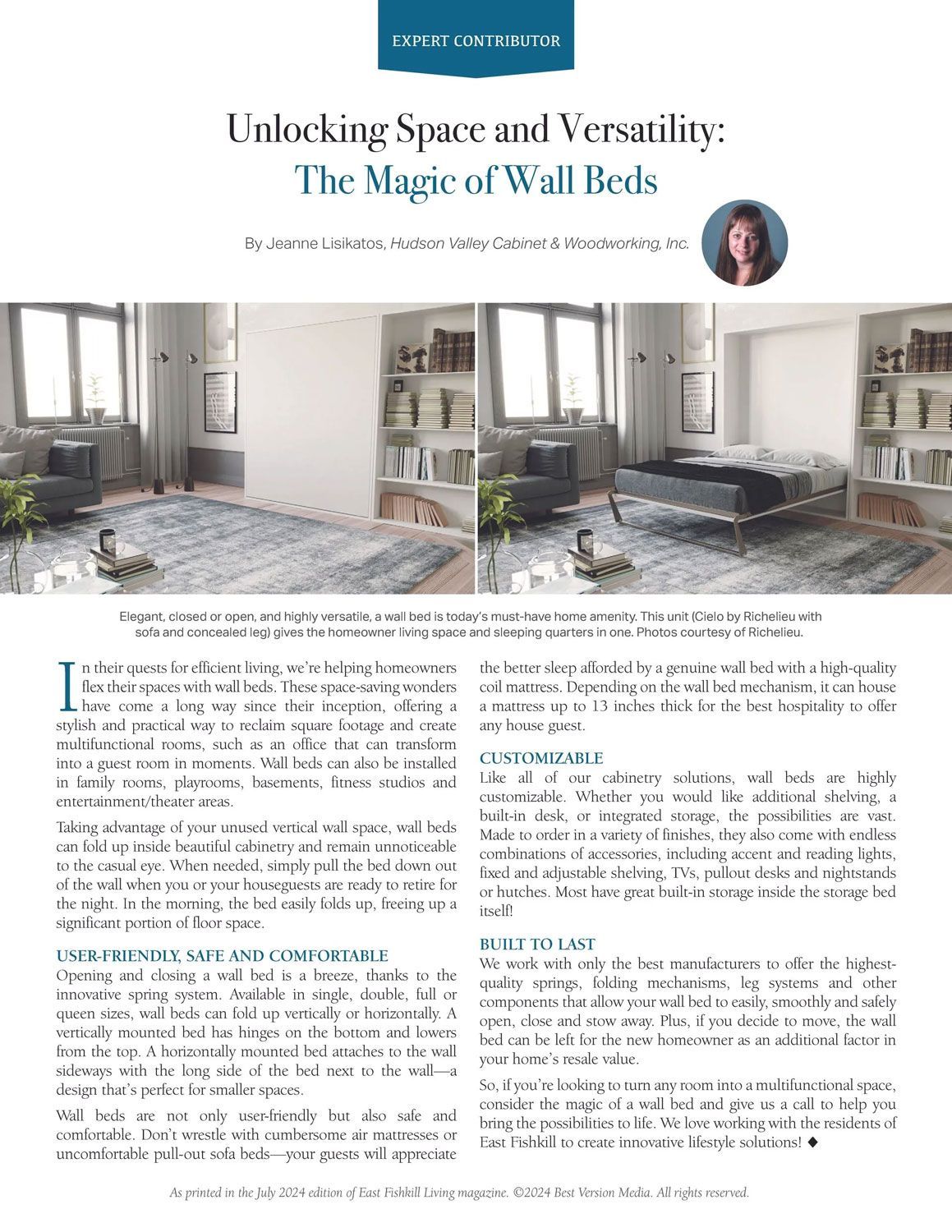 A magazine article about unlocking space and versatility : the magic of wall beds.