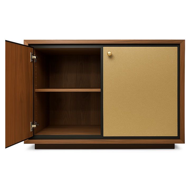 A wooden cabinet with two shelves and a door open.