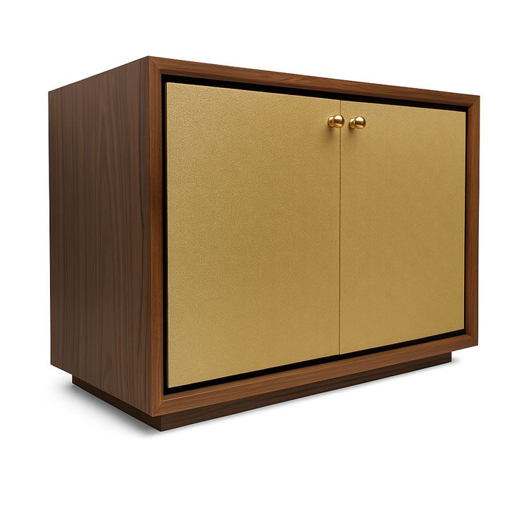 A wooden cabinet with gold doors on a white background