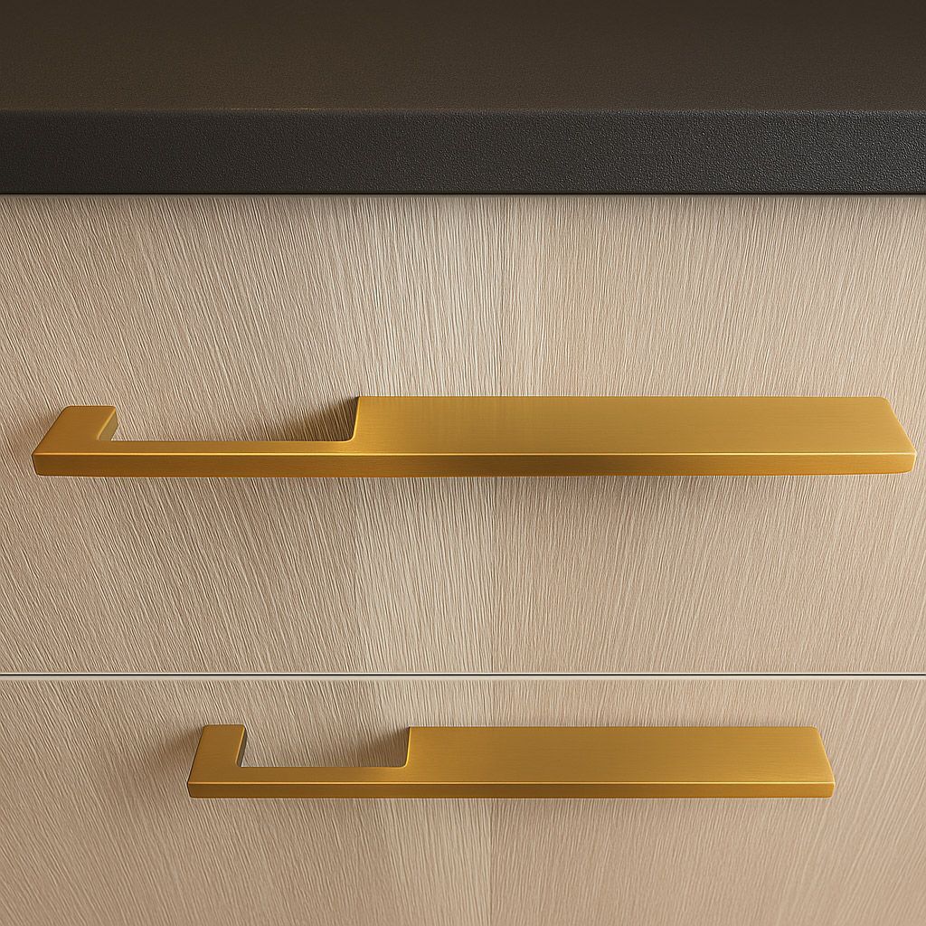 A close up of two gold drawer handles on a cabinet.