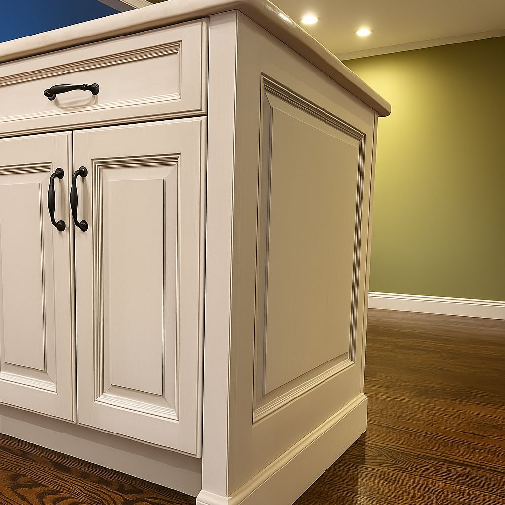 A kitchen island with white cabinets and black handles