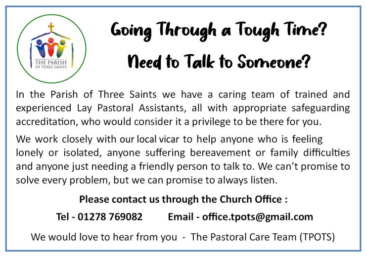 Pastoral care poster offering support for tough times, with contact details and church office info.