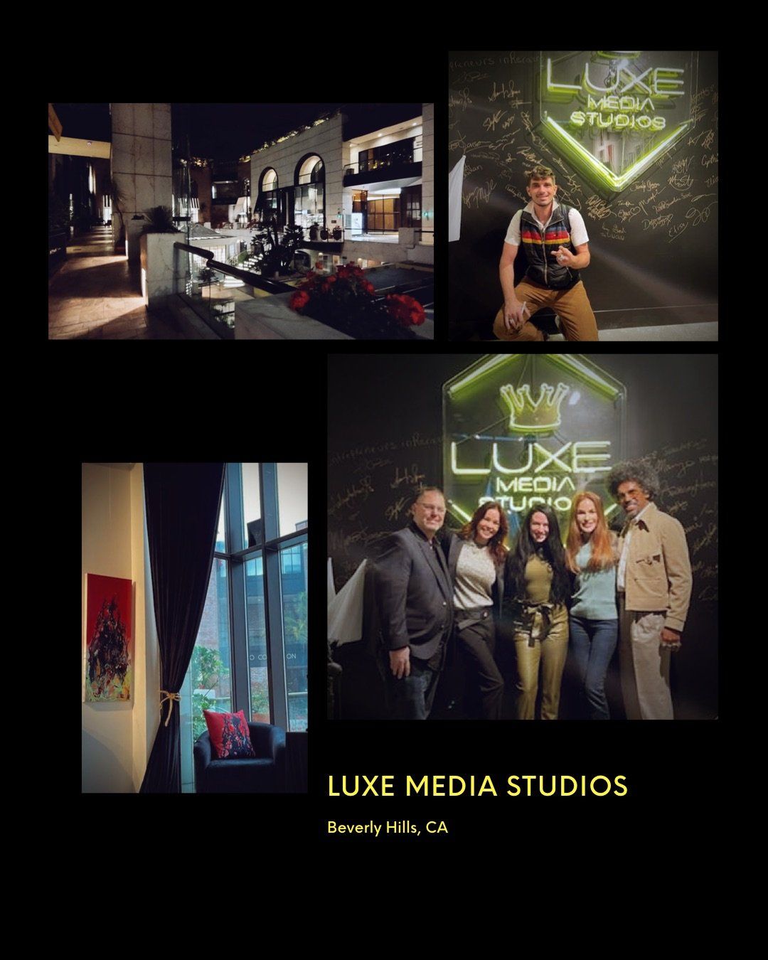 A group of people standing in front of a sign that says luxe media studios