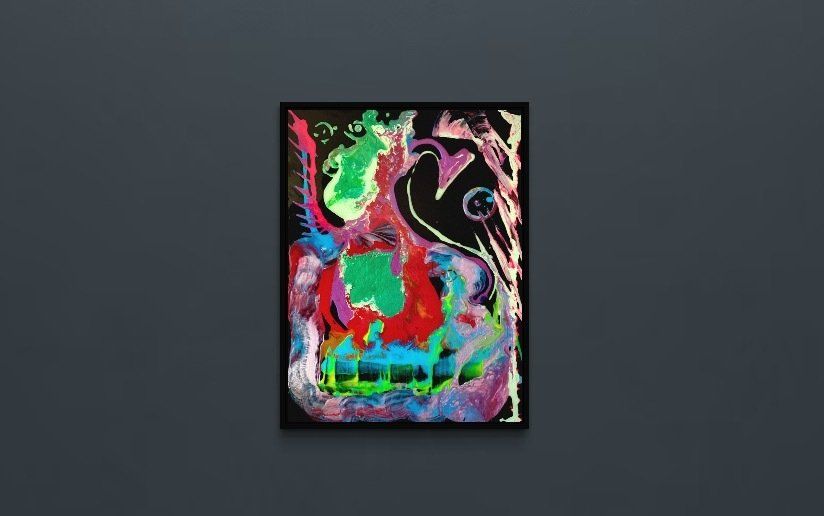 A colorful painting of a skull is hanging on a wall.