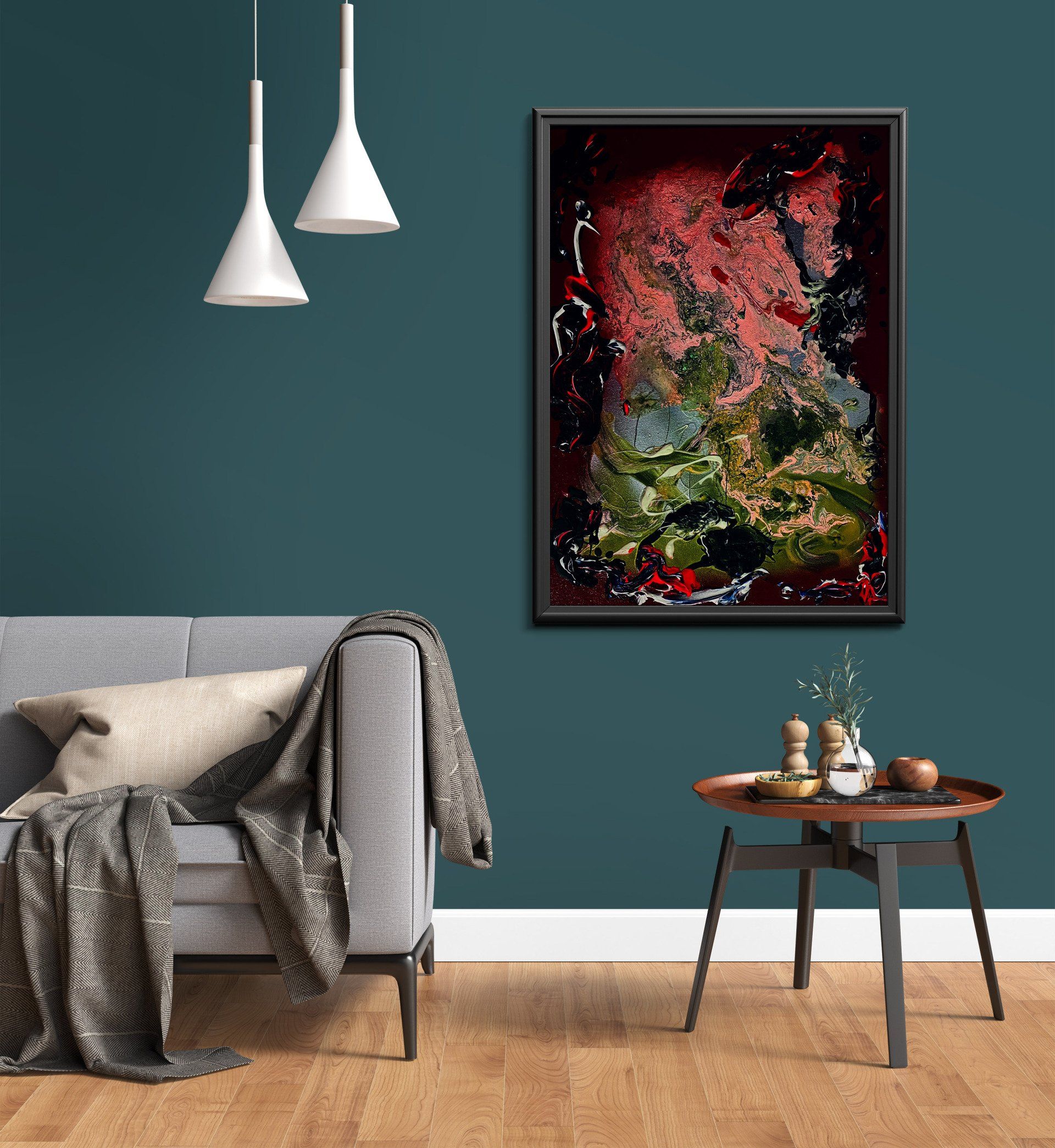 A living room with a couch a table and a painting on the wall