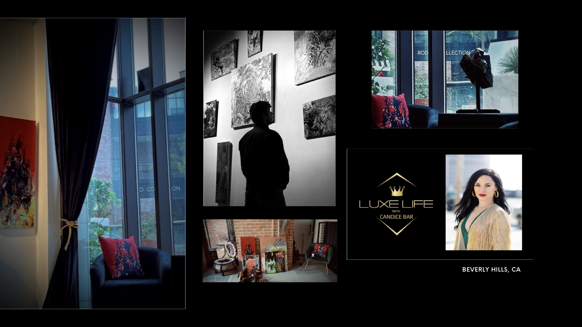 A collage of pictures of a man and a woman in a living room.