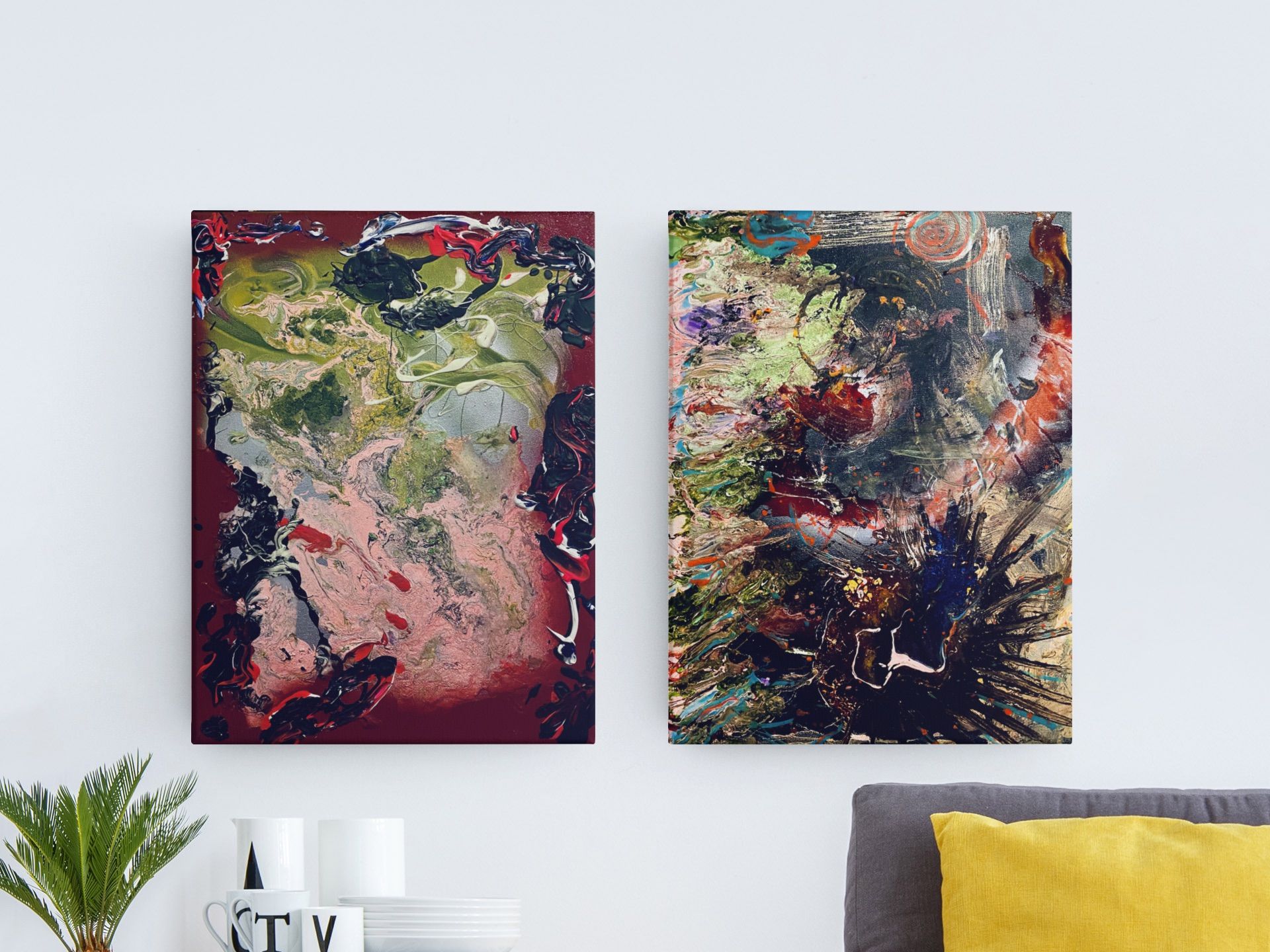 Two paintings are hanging on a wall in a living room.