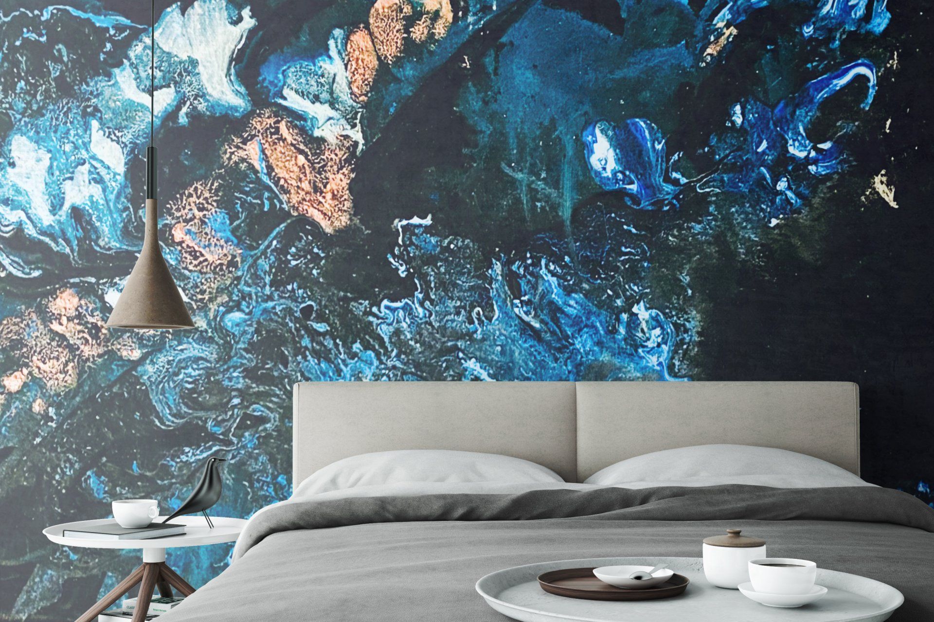 A bedroom with a large painting on the wall behind the bed.