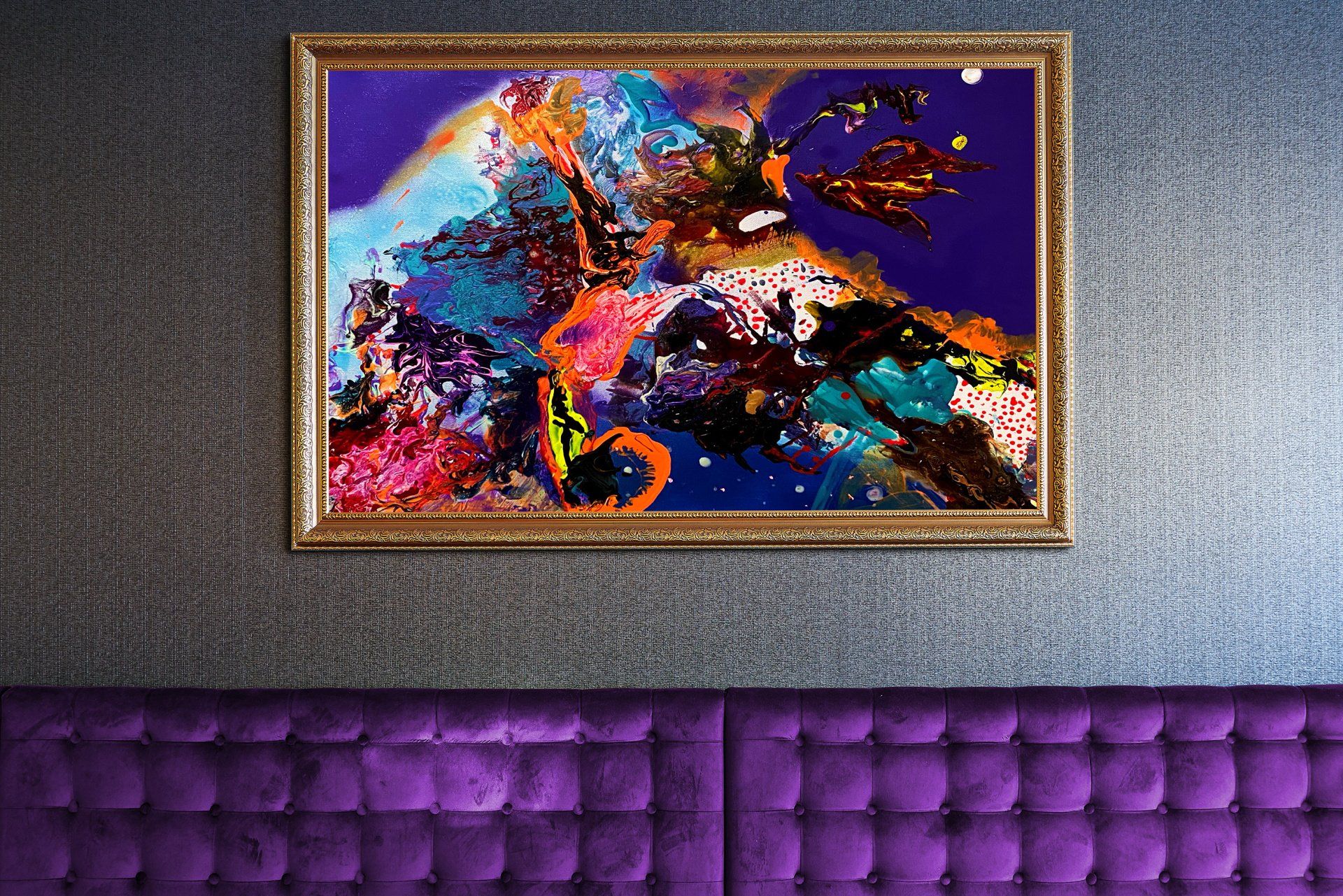 A painting is hanging on a wall next to a purple couch.