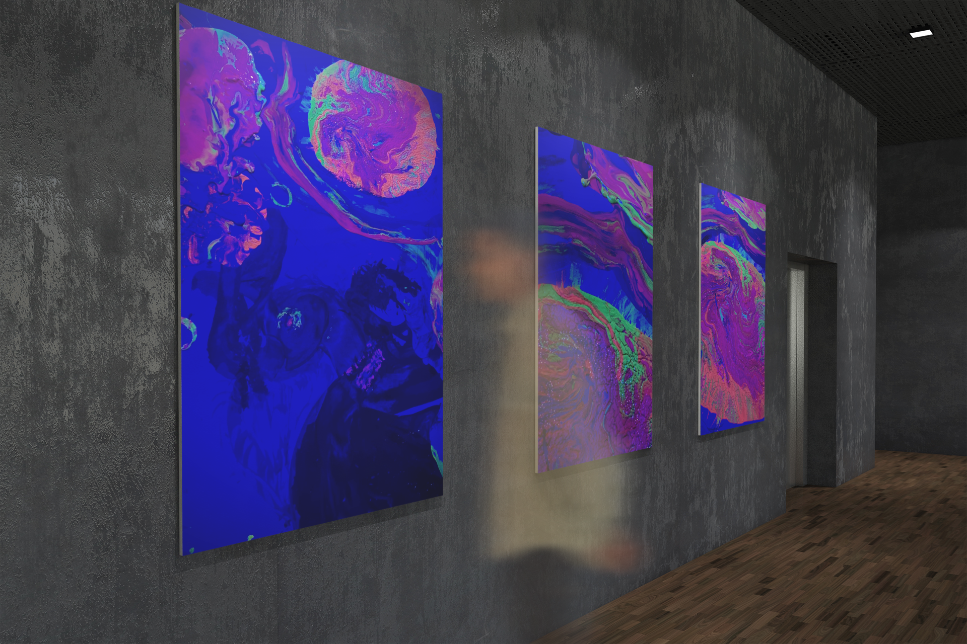 A person is walking down a hallway with paintings on the wall.