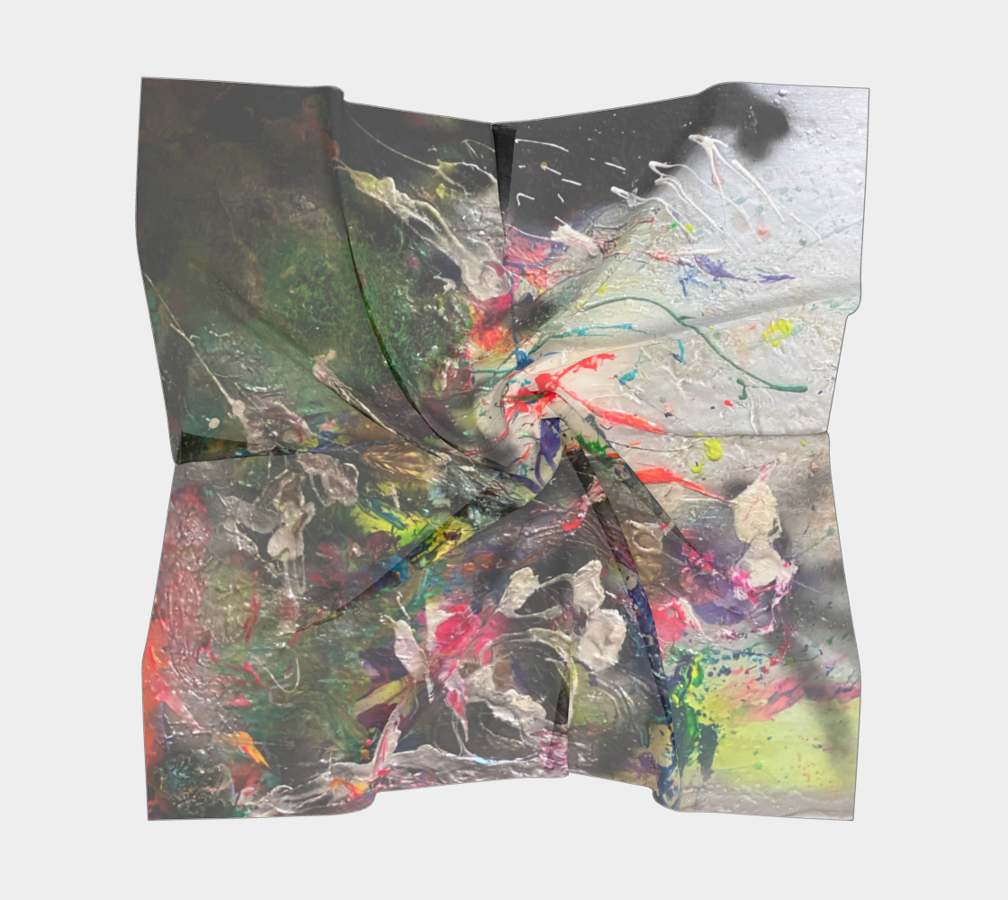A square scarf with a colorful painting on it