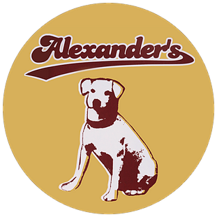 A logo for alexander 's with a dog on it