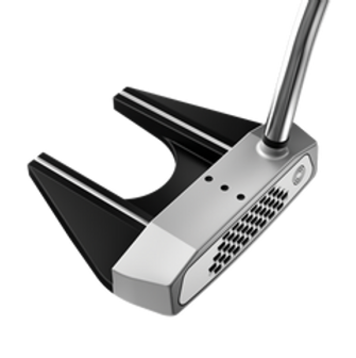 A close up of a golf putter on a white background