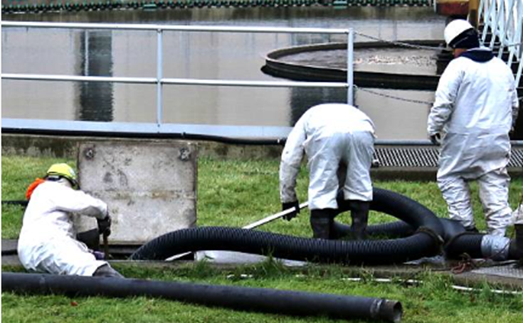 Three men in white protective suits, showcasing expertise in commercial septic tank pump-out.