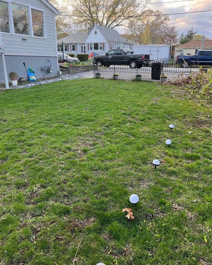 A yard with a lot of grass and a house in the background.