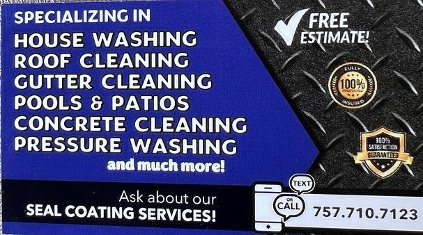 A business card for specializing in house washing roof cleaning gutter cleaning pools & patios concrete cleaning pressure washing and much more