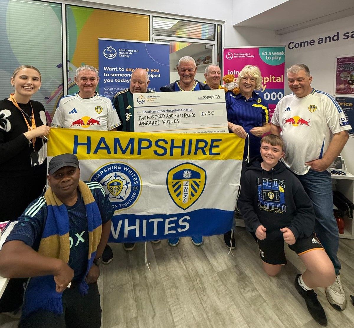 Hampshire Whites present the Piam Brown Childrens Ward at Southampton General with a cheque for £250