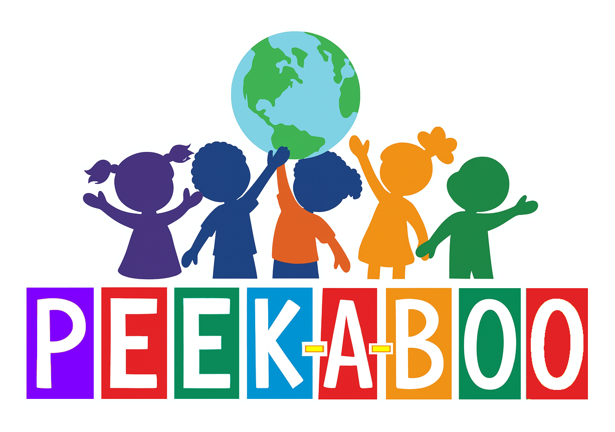 Five children reaching for a globe; the word "PEEKABOO" in colorful blocks.