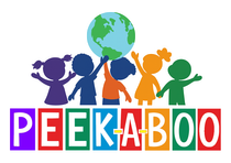 Five children reaching for a globe; the word "PEEKABOO" in colorful blocks.