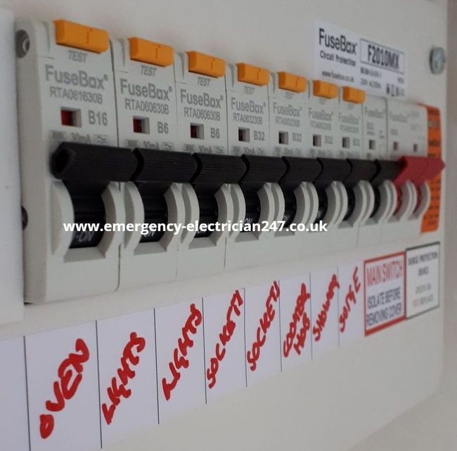 Fusebox brand of consumer units. Fitted with residual current circuit breakers with overcurrent protection and surge protection device