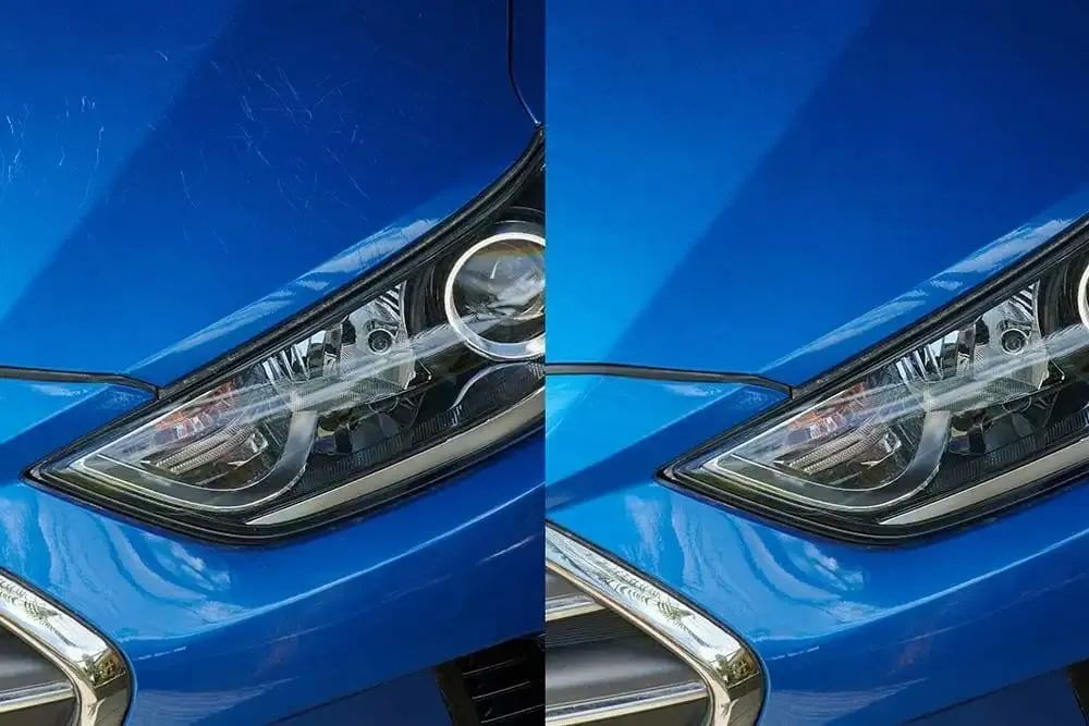 A Before and After Photo of a Blue Car 's Headlights — Seabreeze Auto Body in Coffs Harbour, NSW