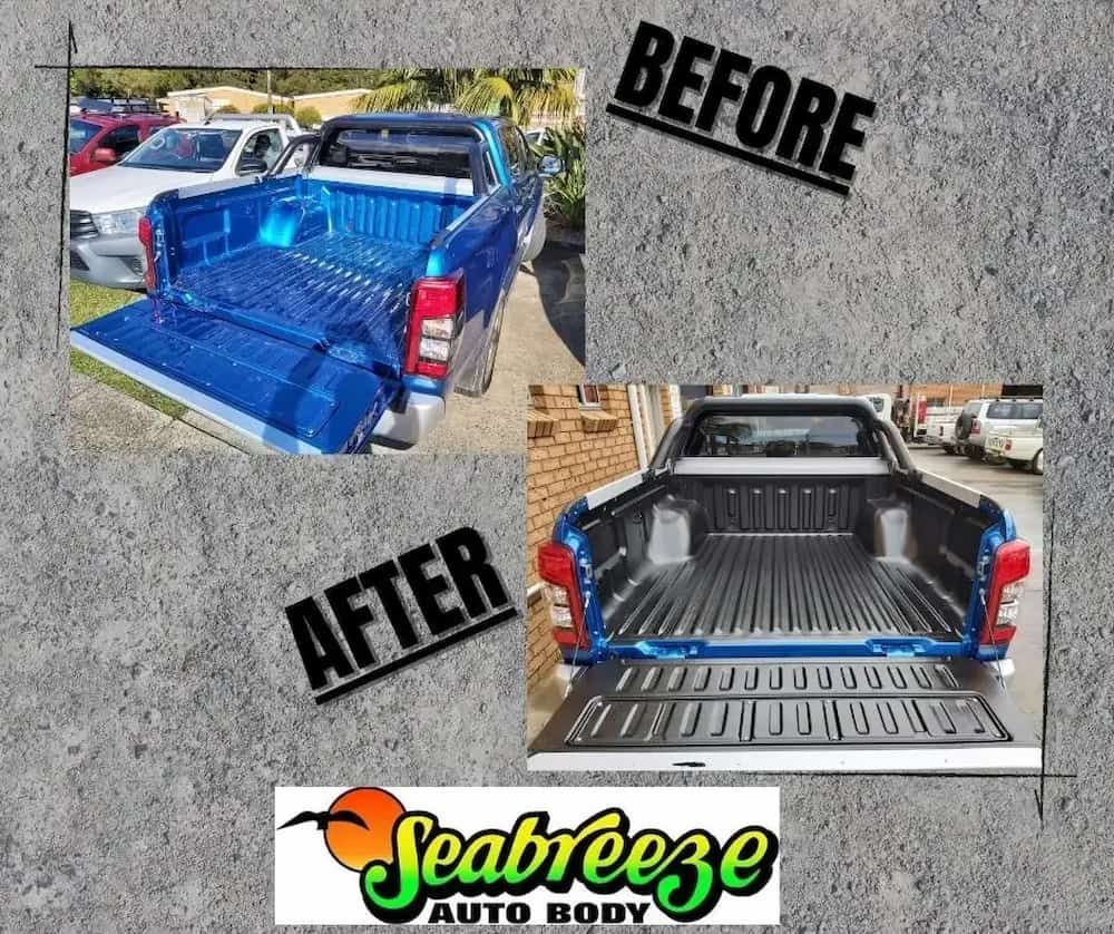 A Before and After Photo of a Blue Truck From Seabreeze Auto Body — Seabreeze Auto Body in Coffs Harbour, NSW