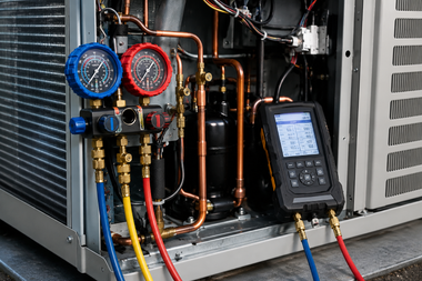 HVAC unit with red and blue gauges, copper pipes, and a digital technician meter attached