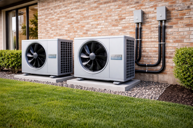 Two outdoor HVAC heat pump units beside a brick house with black piping and green lawn