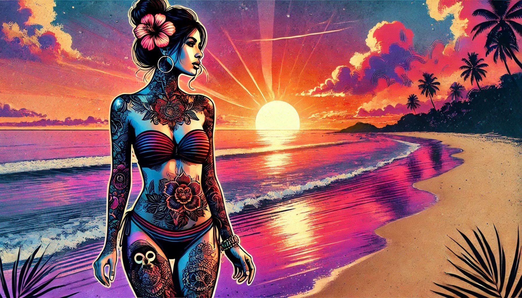 Digital graphic of a tattooed woman at the beach during sunset