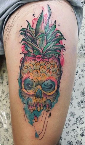 Pineapple skull tattoo on leg – Aloha Tattoo Waikiki, Honolulu tattoo shop.