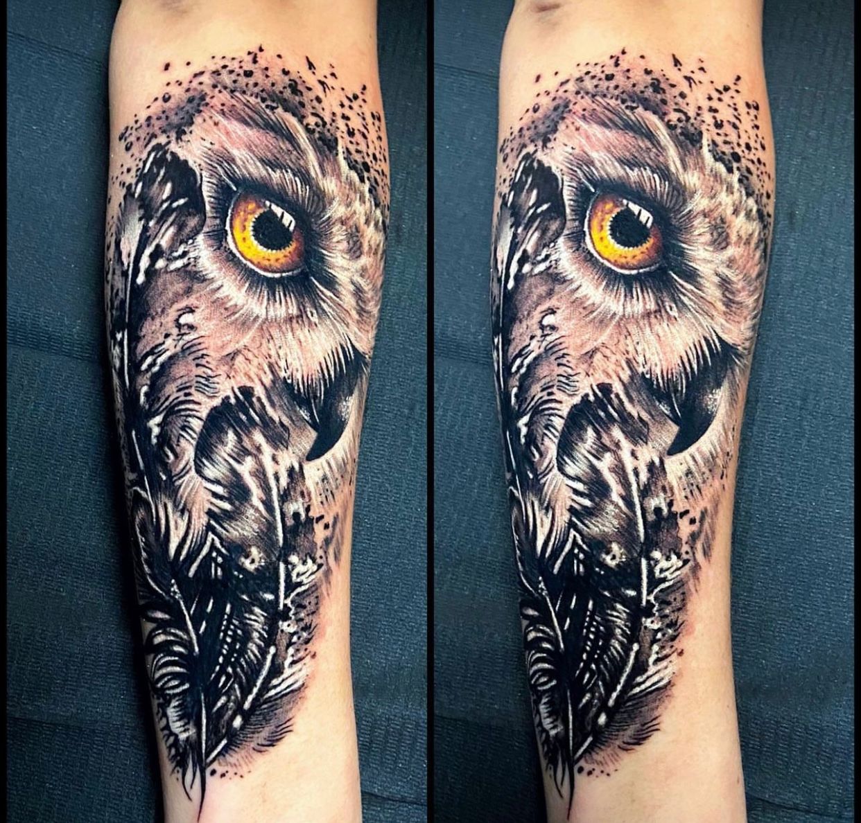 A tattoo of an owl on a person 's arm